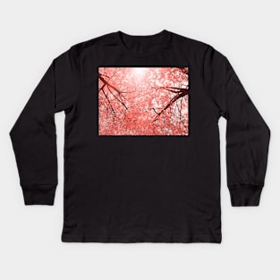 Cherry tree blossoms in Living Coral Pantone color 2019 Kids Long Sleeve T-Shirt